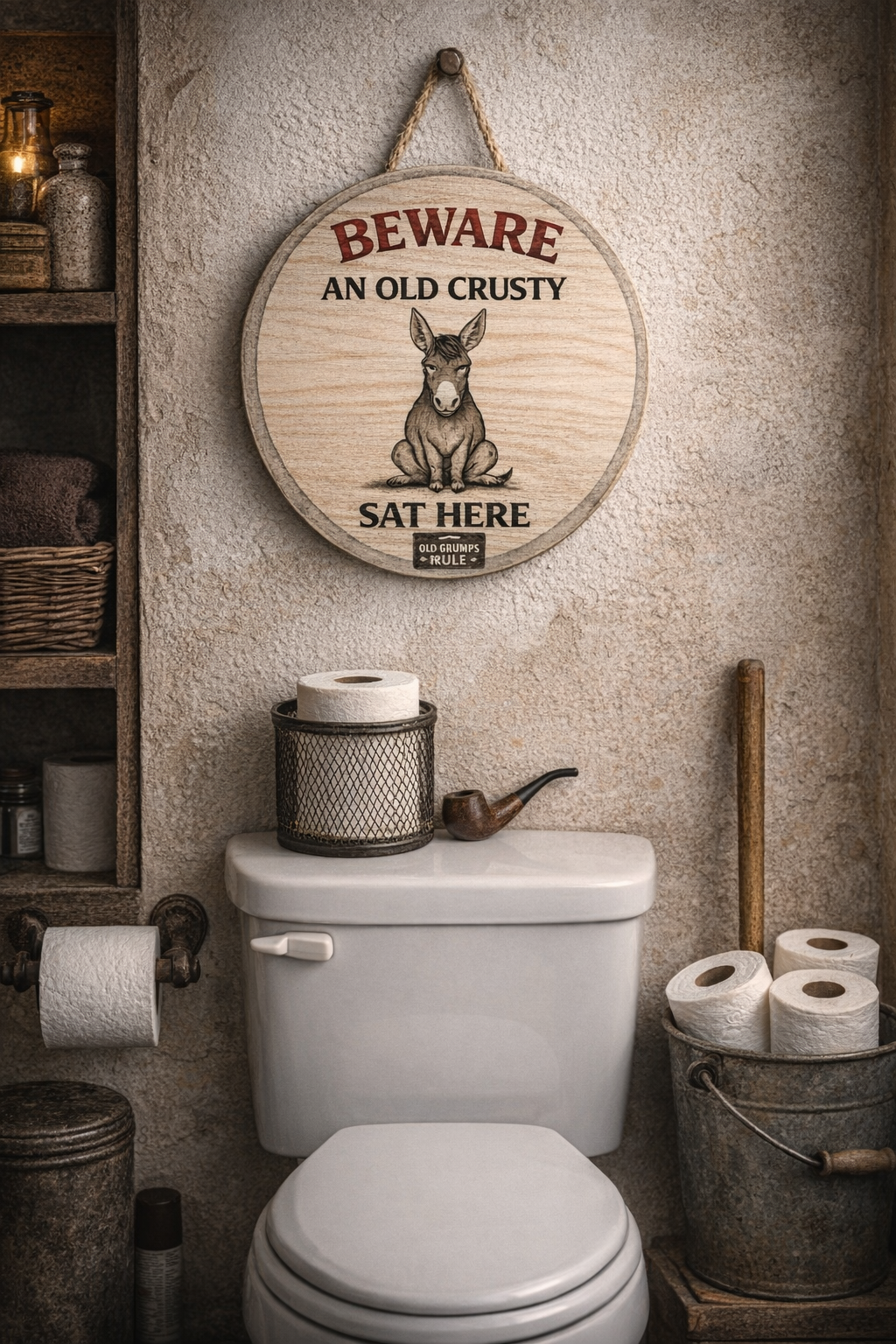 Beware An Old Crusty Sat Here Sign – Funny Donkey Bathroom Sign – Man Cave Decor – Gift for Dad, Grandpa or Grumpy Husband